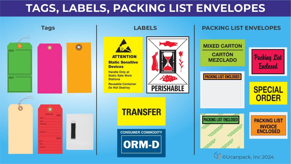 TAGS, LABELS, PACKING LIST ENVELOPEs